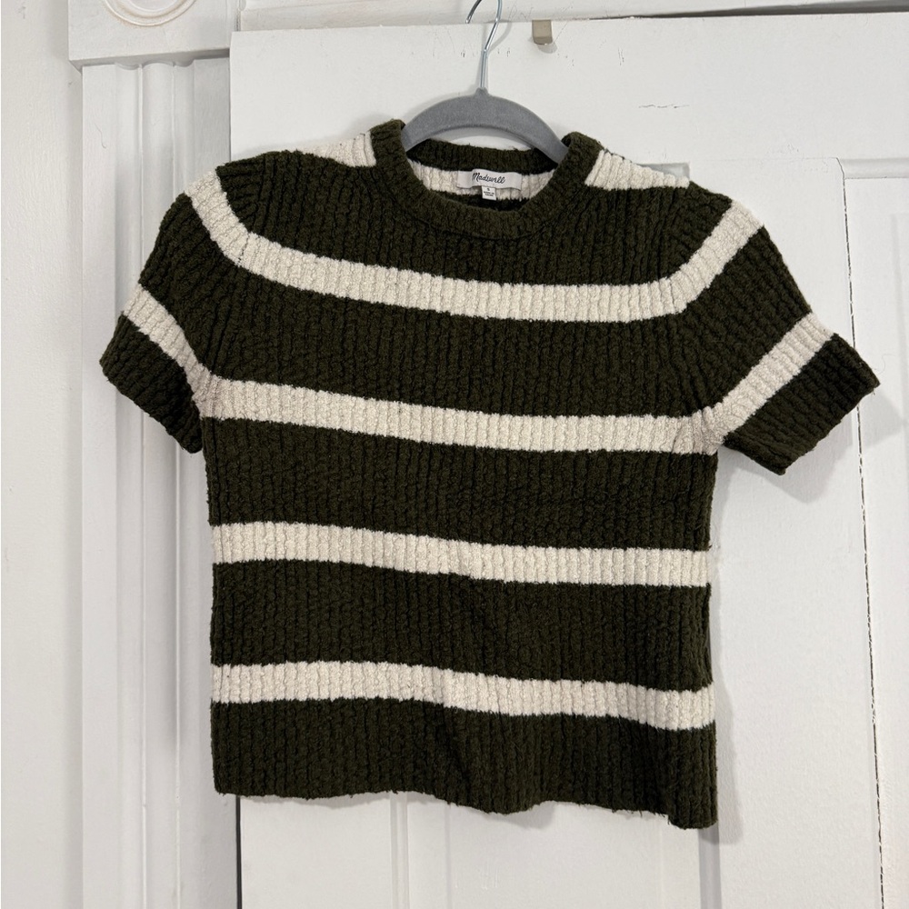 Madewell Green and White Striped Knit Short Sleeve Tee
